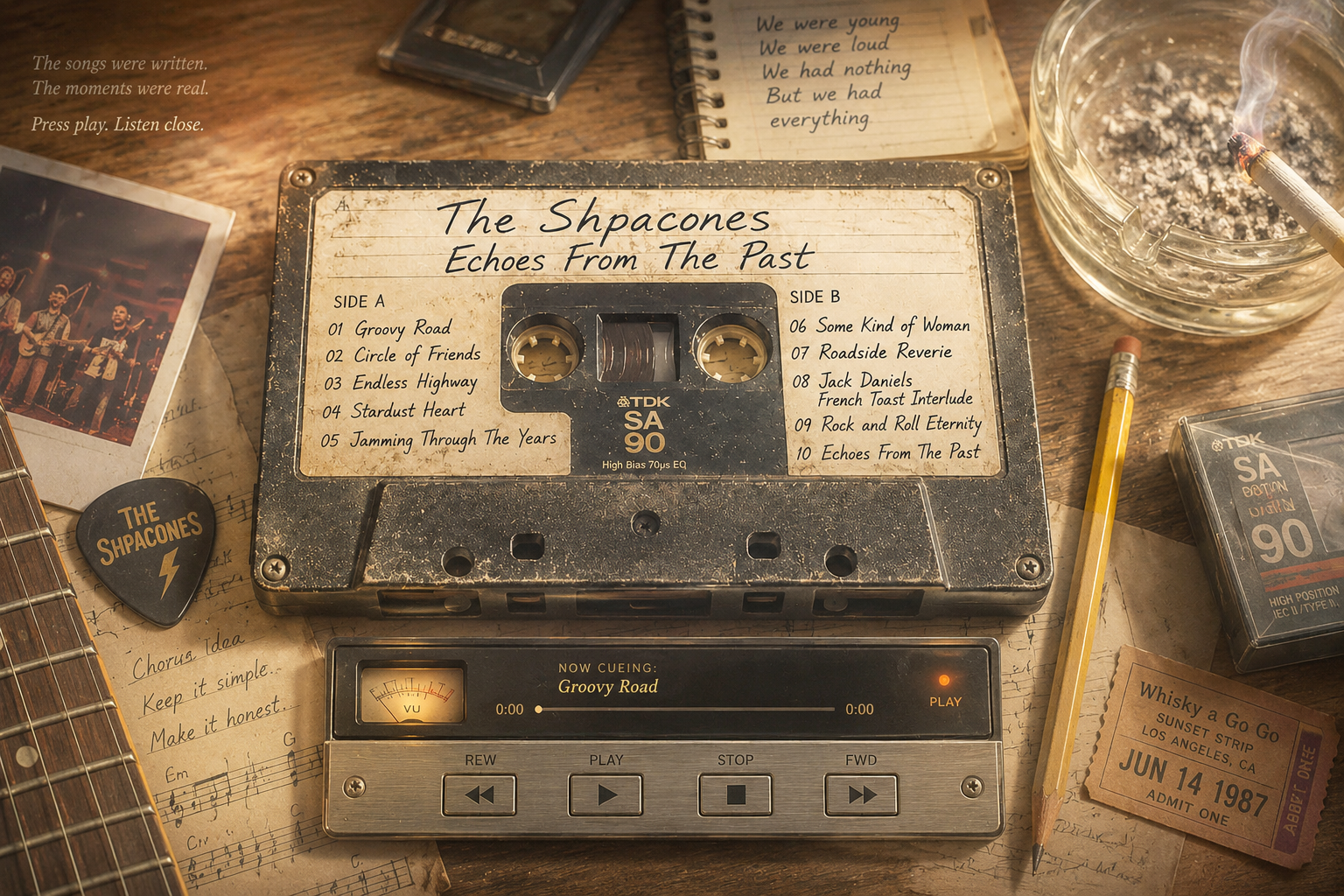 A cassette tape on a wooden table — recovered, 1987
